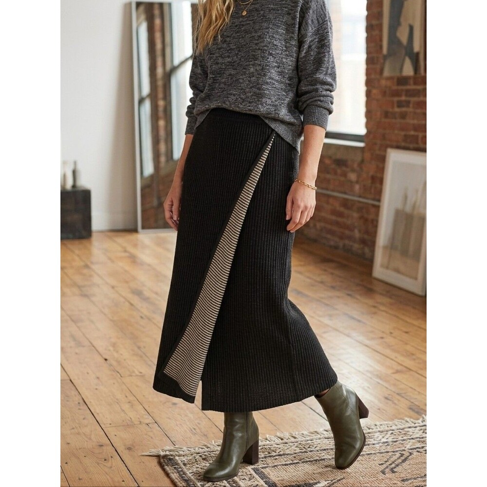 Vintage Lands End Waffle Knit Faux Wrap Midi Skirt in Black/Stripe Size Medium